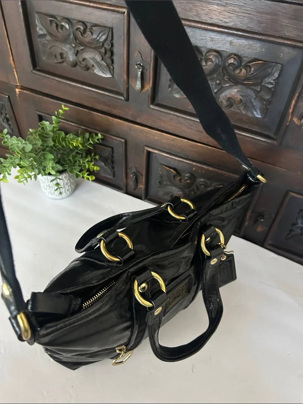 Coach Black Patent Leather Shoulder Tote with Heart Zip Pulls